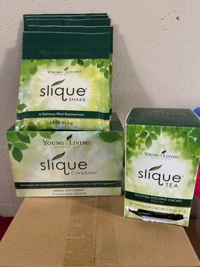Young Living Slique Citraslim NIB, 26 Slique tea and 5 slique shake packets.